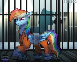 Size: 1280x1024 | Tagged: safe, artist:lavendur_x316, imported from derpibooru, rainbow dash, bound wings, chest fluff, clothes, cuffs, jumpsuit, never doubt rainbowdash69's involvement, prison outfit, prisoner rd, shackles, solo focus, wing cuffs, wings