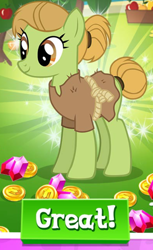 Size: 510x835 | Tagged: safe, imported from derpibooru, earth pony, pony, background character, background pony, burlap, burr laplander, coin, cropped, english, female, gameloft, gem, hair bun, mare, meme, mobile game, my little pony: magic princess, official, solo, text, wow! glimmer