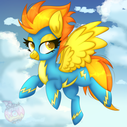 Size: 2000x2000 | Tagged: safe, artist:splashofsweet, imported from derpibooru, spitfire, pegasus, pony, clothes, cloud, cute, cutefire, female, flying, mare, solo, uniform, watermark, wonderbolts uniform