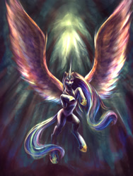 Size: 900x1200 | Tagged: safe, artist:kreativpony, imported from derpibooru, princess celestia, alicorn, pony, belly, epic, flying, solo, wings