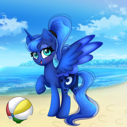 Size: 2000x2000 | Tagged: safe, artist:splashofsweet, imported from derpibooru, princess luna, alicorn, pony, beach, beach ball, cute, ethereal mane, ethereal tail, female, happy, looking at you, lunabetes, mare, ocean, open mouth, open smile, ponytail, sand, smiling, solo, spread wings, tail, water, wings