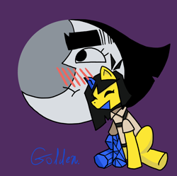 Size: 2402x2389 | Tagged: safe, artist:goldensuculents, imported from derpibooru, earth pony, pony, blue and yellow, blushing, clothes, ena, eyes closed, fanart, joelg, moon, moony, polygonal, ponified