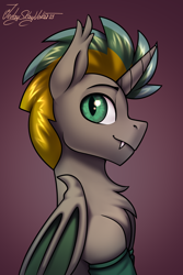 Size: 2000x3000 | Tagged: safe, artist:jedayskayvoker, imported from derpibooru, oc, oc only, oc:golden mango, alicorn, bat pony, bat pony alicorn, pony, bat wings, bust, chest fluff, clothes, folded wings, gradient background, heterochromia, horn, icon, looking at you, male, portrait, socks, solo, stallion, wings