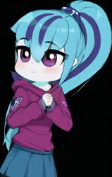 Size: 448x704 | Tagged: safe, editor:luckreza8, imported from derpibooru, sonata dusk, human, equestria girls, ai content, ai generated, anime, black background, female, generator:pinegraph, happy, simple background, solo