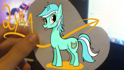 Size: 900x506 | Tagged: safe, artist:jhannrahn, imported from derpibooru, lyra heartstrings, human, pony, unicorn, :p, blushing, hand, irl, irl human, paper, photo, tongue out