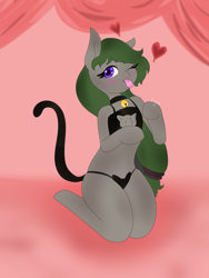 Size: 1928x2564 | Tagged: safe, imported from derpibooru, oc, pony, semi-anthro, ;p, bell, bell collar, blushing, cat bell, cat lingerie, cat tail, chest fluff, clothes, collar, female, floating heart, heart, kneeling, lingerie, looking at you, one eye closed, solo, tail, tongue out, wink, winking at you