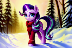 Size: 2304x1536 | Tagged: safe, generator:pony soup v1, imported from derpibooru, starlight glimmer, pony, unicorn, ai assisted, ai content, clothes, female, forest, generator:stable diffusion, looking at you, mare, pine tree, prompter:siber, smiling, smiling at you, snow, solo, tree, walking, winter