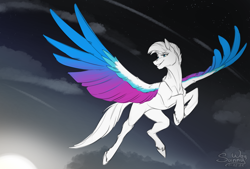 Size: 1200x810 | Tagged: safe, artist:sunny way, imported from derpibooru, zipp storm, pegasus, pony, cloud, feather, flying, g5, morning, partial color, patreon, patreon reward, sky, smiling, solo, stars, sun, wings