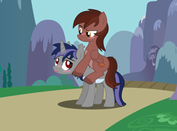 Size: 4736x3498 | Tagged: safe, artist:ghostpikachu, imported from derpibooru, oc, oc only, oc:autumn rosewood, oc:dreaming star, bat pony, bat pony unicorn, hybrid, pegasus, pony, unicorn, bat pony oc, blushing, brown eyes, chest fluff, cute, daylight, equestria, fangs, femboy, grass, grass field, horn, looking at each other, looking at someone, male, maple leaf, mountain, mountain range, no eyelashes, oc riding oc, ocbetes, open mouth, outdoors, pale belly, pegasus oc, ponies riding ponies, red eyes, riding, riding a pony, scenery, sitting, sky, smiling, stallion, standing, tree, unshorn fetlocks