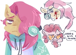 Size: 2048x1479 | Tagged: safe, artist:dmitrymemovznok, imported from derpibooru, fluttershy, pinkie pie, anthro, earth pony, pegasus, blood, clothes, facial hair, frown, glasses, goatee, hoodie, nosebleed, rule 63, text