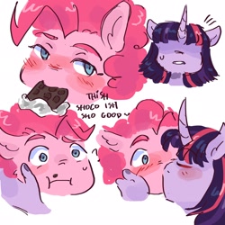 Size: 2048x2048 | Tagged: safe, artist:dmitrymemovznok, imported from derpibooru, pinkie pie, twilight sparkle, anthro, earth pony, unicorn, blushing, eyes closed, female, food, kiss on the lips, kissing, lesbian, shipping, simple background, sweat, text, twinkie, white background