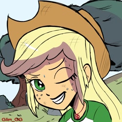 Size: 1820x1820 | Tagged: safe, artist:glim_gg, imported from derpibooru, applejack, human, equestria girls, beautiful, cowboy hat, cowgirl, cute, female, grin, hat, jackabetes, looking at you, one eye closed, smiling, smiling at you, solo, stetson, sweat, wink, winking at you