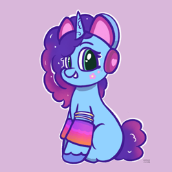 Size: 2048x2048 | Tagged: safe, artist:limitmj, imported from derpibooru, pony, unicorn, bracelet, clothes, cute, eyebrows, female, g5, grin, high res, jewelry, lavender background, leg warmers, looking at you, mare, misty brightdawn, mistybetes, purple background, signature, simple background, smiling, smiling at you, solo, toy interpretation, unshorn fetlocks