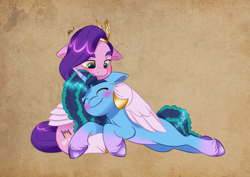 Size: 4961x3508 | Tagged: safe, artist:artharuhi, imported from derpibooru, pipp petals, pegasus, pony, unicorn, absurd resolution, adorapipp, blushing, commissioner:briarlight, cuddling, cute, duo, duo female, eyes closed, fanfic art, female, freckles, g5, hug, lesbian, looking at someone, lying down, mare, misty brightdawn, mistybetes, mistypetals, prone, shipping, sitting, sleeping, smiling, snuggling, unshorn fetlocks, weapons-grade cute, winghug, wings