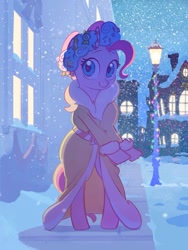 Size: 901x1200 | Tagged: safe, artist:cottonbudfilly, imported from derpibooru, pinkie pie, spirit of hearth's warming presents, earth pony, pony, a hearth's warming tail, bipedal, clothes, female, hearth's warming eve, mare, snow, snowfall, solo, streetlight