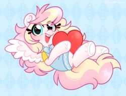 Size: 3098x2376 | Tagged: safe, artist:ninnydraws, imported from derpibooru, oc, oc only, oc:ninny, pegasus, pony, abstract background, blushing, bowtie, clothes, cute, female, heart, heart eyes, heterochromia, looking at you, open mouth, overalls, shirt, simple background, smiling, solo, spread wings, t-shirt, unshorn fetlocks, wingding eyes, wings