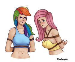 Size: 1608x1329 | Tagged: safe, artist:xeninara, imported from derpibooru, fluttershy, rainbow dash, human, arm behind back, bondage, bound, clothes, damsel in distress, duo, duo female, female, humanized, rope, rope bondage, ropes, simple background, tied up, underwear, white background