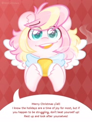 Size: 2480x3276 | Tagged: safe, artist:ninnydraws, imported from derpibooru, oc, oc only, oc:ninny, pegasus, pony, abstract background, bust, christmas, clothes, cup, drink, female, heart, heart eyes, heterochromia, holiday, scarf, solo, speech bubble, text, unshorn fetlocks, wingding eyes