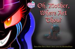 Size: 1920x1243 | Tagged: safe, artist:aleximusprime, imported from derpibooru, cozy glow, oc, oc:the sorceress, alicorn, pegasus, pony, fanfic:oh mother where art thou, flurry heart's story, alicorn oc, crying, duo, duo female, evil grin, eyes closed, fanfic, fanfic art, fanfic cover, fangs, female, filly, foal, grin, half note (cozy glow), horn, mare, nightmare cozy glow, nightmarified, red eyes, red sclera, sad, slit pupils, smiling, spotlight, wings