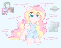 Size: 3018x2396 | Tagged: safe, artist:ninnydraws, imported from derpibooru, oc, oc only, oc:ninny, pegasus, pony, clothes, female, messy mane, minecraft, simple background, solo, sweater, teenager, text, unshorn fetlocks, younger
