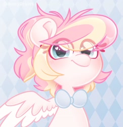 Size: 2218x2286 | Tagged: safe, artist:ninnydraws, imported from derpibooru, oc, oc only, oc:ninny, pegasus, pony, abstract background, blushing, bowtie, bust, female, heart, heart eyes, heterochromia, looking at you, ponytail, smiling, solo, wingding eyes