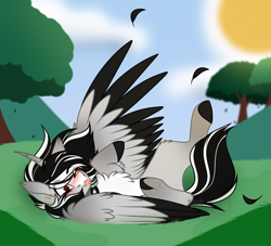 Size: 2200x2000 | Tagged: safe, artist:krypticquartz, imported from derpibooru, oc, oc only, alicorn, pony, colored wings, feather, male, solo, stallion, sun, tongue out, tree, two toned wings, wings