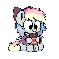 Size: 850x850 | Tagged: safe, artist:sugar morning, imported from derpibooru, oc, oc only, oc:blazey sketch, pegasus, pony, animated, bow, chocolate, clothes, commission, cute, daaaaaaaaaaaw, eating, food, gif, green eyes, grey fur, hair bow, hnnng, long hair, long tail, loop, multicolored hair, ocbetes, pegasus oc, perfect loop, simple background, small wings, smiling, sweater, tail, transparent background, wings, ych result