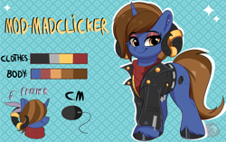 Size: 2645x1662 | Tagged: safe, artist:joaothejohn, imported from derpibooru, oc, oc only, oc:mod-madclicker, pony, unicorn, clothes, commission, cute, ear piercing, earring, feather, horn, jacket, jewelry, piercing, reference sheet, ring, simple background, solo, sweater, text, unicorn oc