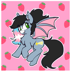 Size: 1818x1830 | Tagged: safe, artist:rivibaes, imported from derpibooru, oc, oc only, oc:starskipper, bat pony, chest fluff, fangs, female, food, mare, pink background, simple background, solo, strawberry