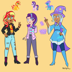 Size: 540x540 | Tagged: safe, artist:sketchy-julia, imported from derpibooru, starlight glimmer, sunset shimmer, trixie, human, boots, cape, choker, clothes, dark skin, elf ears, hat, high heel boots, humanized, jewelry, lidded eyes, looking at you, magic, necklace, peace sign, pendant, playing card, shoes, trio, trixie's cape, trixie's hat