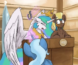 Size: 2064x1724 | Tagged: safe, artist:reddthebat, imported from derpibooru, haakim, princess celestia, trixie, alicorn, earth pony, pony, saddle arabian, unicorn, assault, dodge, eyes closed, female, george w. bush, horseshoes, large wings, male, mare, podium, stallion, this will end in a trip to the moon, this will end in jail time, throwing, trio, wings