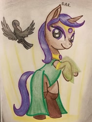 Size: 2047x2729 | Tagged: safe, artist:gracefulart693, imported from derpibooru, oc, oc only, bird, pony, unicorn, clothes, dress, duo, female, horn, jewelry, mare, necklace, rearing, smiling, socks, traditional art, unicorn oc