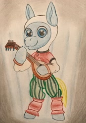 Size: 2540x3647 | Tagged: safe, artist:gracefulart693, imported from derpibooru, oc, oc:finn the pony, earth pony, pony, adventure time, banjo, clothes, finn the human, musical instrument, smiling, solo, traditional art