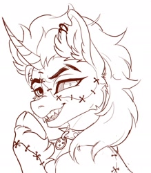 Size: 2129x2429 | Tagged: safe, artist:hebinushisan, imported from derpibooru, oc, oc only, pony, unicorn, bust, collar, ear fluff, ear piercing, earring, horn, jewelry, lineart, male, piercing, simple background, smiling, solo, stallion, stitches, unicorn oc, white background