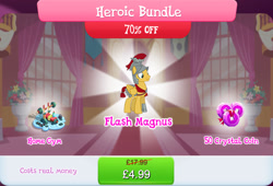 Size: 1269x861 | Tagged: safe, imported from derpibooru, flash magnus, pegasus, pony, armor, bundle, costs real money, english, folded wings, gameloft, helmet, male, mobile game, my little pony: magic princess, numbers, official, sale, solo, solo focus, stallion, text, water bottle, weights, wings