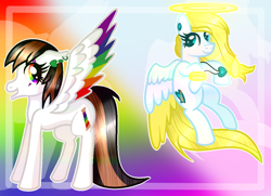 Size: 1152x834 | Tagged: safe, artist:angellightyt, imported from derpibooru, oc, oc only, oc:angel light, pegasus, pony, collaboration, colored wings, duo, eyelashes, halo, jewelry, multicolored wings, necklace, pegasus oc, rainbow wings, wings