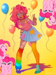 Size: 768x1024 | Tagged: safe, artist:sunifarni, imported from derpibooru, pinkie pie, earth pony, human, pony, alternate hairstyle, balloon, choker, clothes, converse, dark skin, ear piercing, earring, female, humanized, jewelry, leg warmers, mare, open mouth, peace sign, piercing, shirt, shoes, simple background, skirt, socks, solo, stockings, tanktop, thigh highs, vitiligo, yellow background