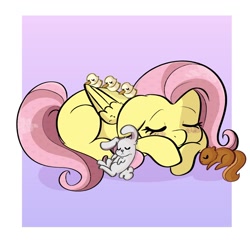 Size: 1080x1080 | Tagged: safe, artist:flutterpawss, imported from derpibooru, angel bunny, fluttershy, pegasus, pony, squirrel, blushing, chicks, eyes closed, female, folded wings, lying down, mare, missing cutie mark, passepartout, prone, sleeping, solo, wings
