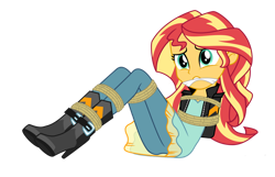 Size: 1024x659 | Tagged: safe, artist:songokussjsannin8000, imported from derpibooru, sunset shimmer, equestria girls, bondage, bound and gagged, cleave gag, cloth gag, clothes, female, gag, hat, jacket, rope, rope bondage, ropes, solo, solo female, tied up