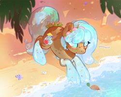 Size: 4096x3277 | Tagged: safe, artist:softpinkpony, imported from derpibooru, oc, oc only, earth pony, pony, turtle, beach, conch, cyan eyes, cyan mane, earth pony oc, female, glass pony, leaves, ocean, sand, shade, shell, solo, sunshine, water, wave