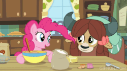 Size: 520x293 | Tagged: safe, imported from derpibooru, screencap, pinkie pie, yona, earth pony, pony, yak, she's all yak, animated, duo, duo female, female