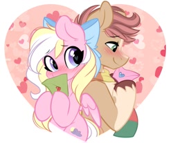 Size: 1141x944 | Tagged: safe, artist:emberslament, imported from derpibooru, oc, oc only, oc:bay breeze, oc:pitch pine, earth pony, pegasus, pony, blushing, blushing profusely, bow, clothes, hair bow, heart, heart eyes, letter, love letter, scarf, simple background, unshorn fetlocks, white background, wingding eyes