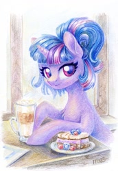 Size: 826x1200 | Tagged: safe, artist:maytee, imported from derpibooru, twilight sparkle, pony, unicorn, alternate hairstyle, coffee, solo, traditional art, unicorn twilight