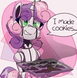 Size: 996x1000 | Tagged: safe, artist:provolonepone, edit, imported from twibooru, sweetie belle, pony, robot, robot pony, unicorn, chromatic aberration removal, cookie, cooking, dialogue, food, image, messy mane, png, solo, speech bubble, sweetie belle can't cook, sweetie bot, sweetie fail