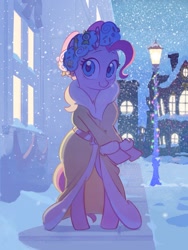 Size: 1307x1741 | Tagged: safe, artist:cottonbudfilly, imported from twibooru, pinkie pie, spirit of hearth's warming presents, earth pony, pony, a hearth's warming tail, bipedal, christmas, christmas lights, clothes, colored pupils, female, hearth's warming, holiday, image, mare, needs more jpeg, robe, smiling at you, snow, snowfall, solo