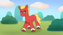 Size: 3072x1727 | Tagged: safe, artist:malarkey, edit, imported from derpibooru, sprout cloverleaf, earth pony, pony, bush, cloud, coat markings, fake screencap, g5, i can't believe it's not hasbro studios, looking at you, male, my little pony: tell your tale, outdoors, smiling, smiling at you, socks (coat markings), solo, stallion, standing, trace, unshorn fetlocks