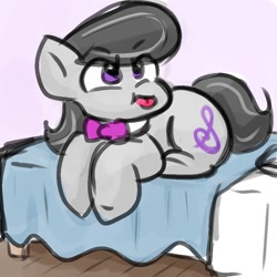 Size: 900x900 | Tagged: safe, artist:zutcha, imported from derpibooru, octavia melody, earth pony, pony, :p, bed, cute, eye clipping through hair, eyebrows, eyebrows visible through hair, female, lying down, mare, on bed, prone, solo, tavibetes, tongue out