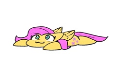 Size: 1057x607 | Tagged: safe, artist:zutcha, imported from derpibooru, fluttershy, pegasus, pony, :3, cute, flat fuck friday, looking up, lying down, no pupils, prone, shyabetes, simple background, smiling, solo, sploot, white background