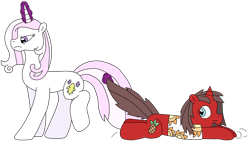 Size: 3104x1780 | Tagged: safe, artist:supahdonarudo, imported from derpibooru, fleur-de-lis, oc, oc:ironyoshi, pony, unicorn, angry, clothes, dragging, duo, female, fleur-de-lis is not amused, frown, glowing, glowing horn, horn, levitation, magic, male, mare, pulling, scared, shirt, simple background, stallion, telekinesis, this will end in tears, transparent background, unamused