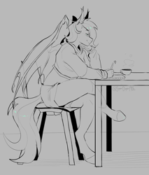 Size: 1682x1973 | Tagged: safe, artist:superduperath, imported from derpibooru, oc, oc only, anthro, bat pony, unguligrade anthro, bat pony oc, bat wings, clothes, commission, crossed legs, drink, female, grayscale, monochrome, shorts, simple background, solo, sweater, wings, writing